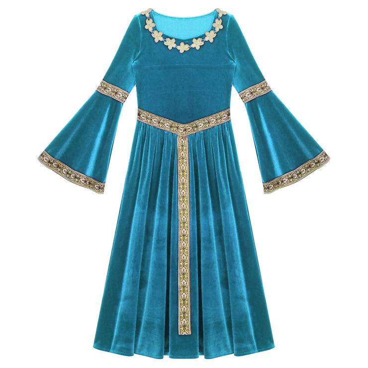 Girls Medieval Renaissance Velvet Dress Princess Queen Cosplay Costume Party Dress