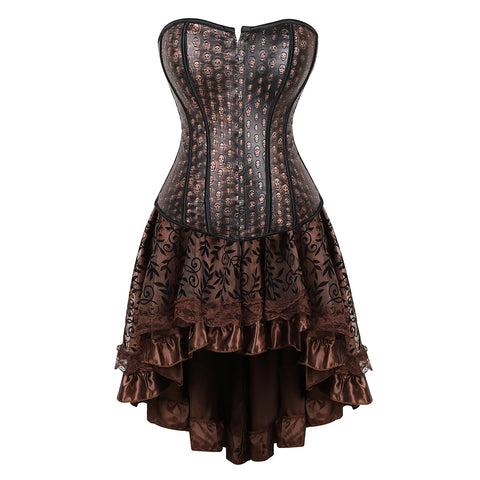Brown Medieval Gothic Steampunk Faux Leather Overbust Corset with Skirt – Plus Size Pirate Costume Dress