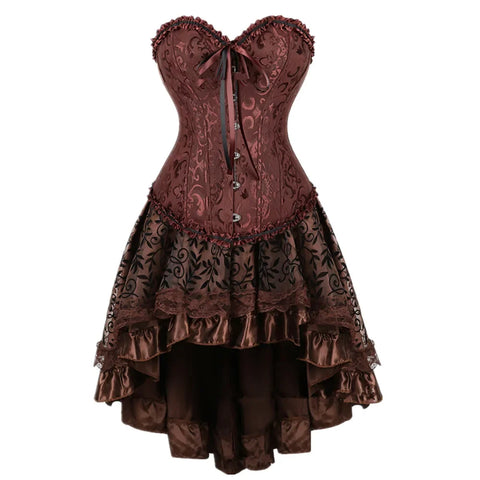 Brown Medieval Gothic Steampunk Faux Leather Overbust Corset with Skirt – Plus Size Pirate Costume Dress