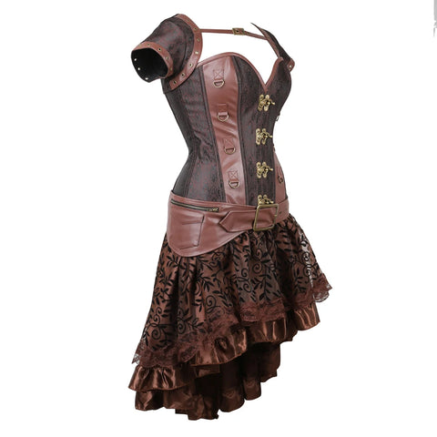 Brown Medieval Gothic Steampunk Faux Leather Overbust Corset with Skirt – Plus Size Pirate Costume Dress