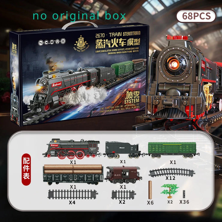 Retro Steam Train Track Set – Electric Locomotive with Smoke, Lights, Sound, Cargo Cars & Tracks for Kids