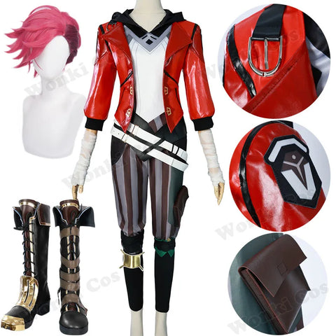 Arcane Vi Cosplay Costume Wig Hair for Anime Jinx Sister Cosplay Outfits Vi Cosplay Shoes Boots Leather Jacket