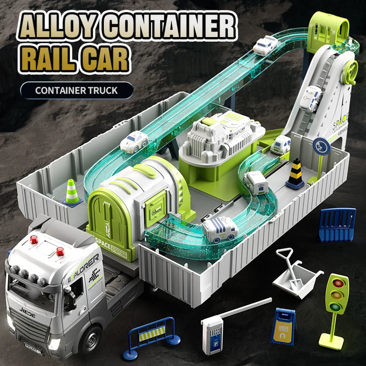 Space Railway Container Truck Diecast Set – Alloy Inertia Vehicles with Sound and Light for Kids