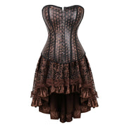 Brown Medieval Gothic Steampunk Faux Leather Overbust Corset with Skirt – Plus Size Pirate Costume Dress