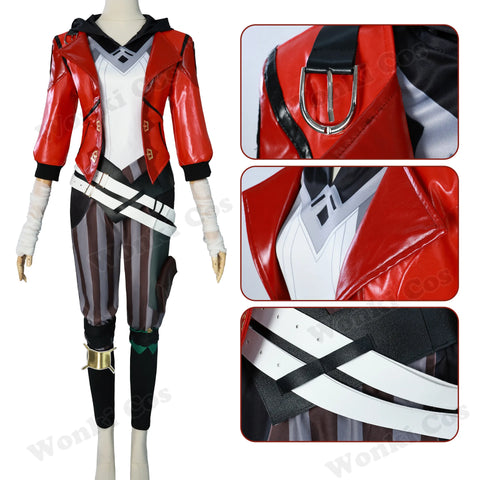 Arcane Vi Cosplay Costume Wig Hair for Anime Jinx Sister Cosplay Outfits Vi Cosplay Shoes Boots Leather Jacket