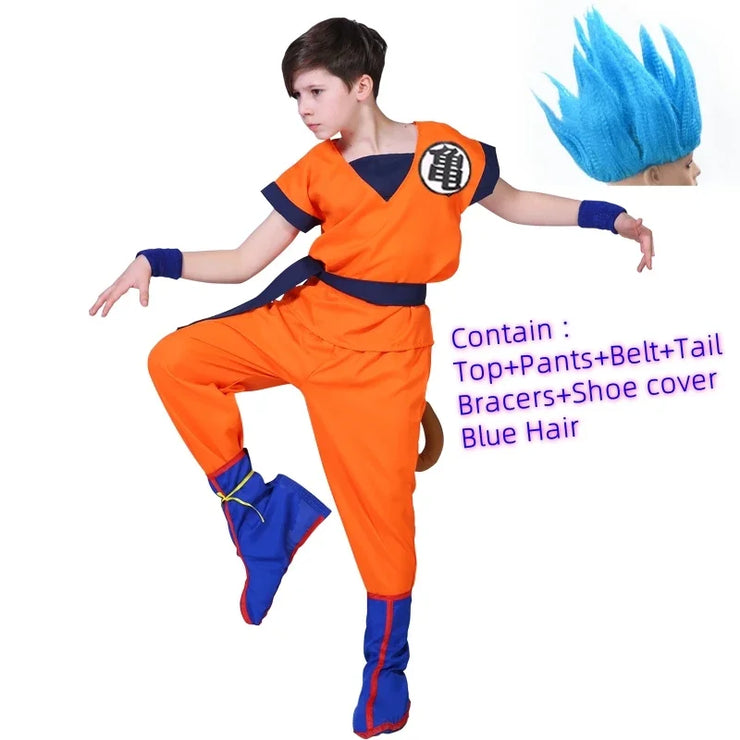 Son Goku and Krillin Cosplay Costumes – Halloween Suits with Tail, Wristband, and Super Saiyan Wig for Adults and Kids