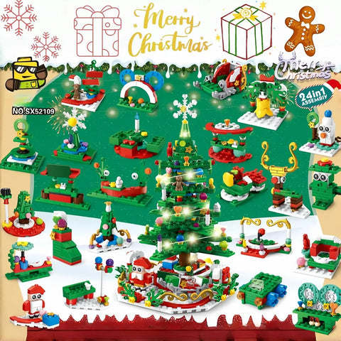 701pcs Christmas Tree Building Set with LED Light Toys Kids Adult 24in1 Christmas Countdown Calendar Building Blocks Gift