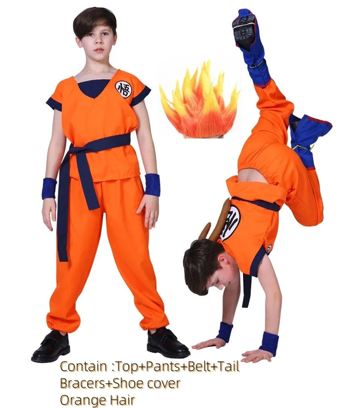 Son Goku and Krillin Cosplay Costumes – Halloween Suits with Tail, Wristband, and Super Saiyan Wig for Adults and Kids