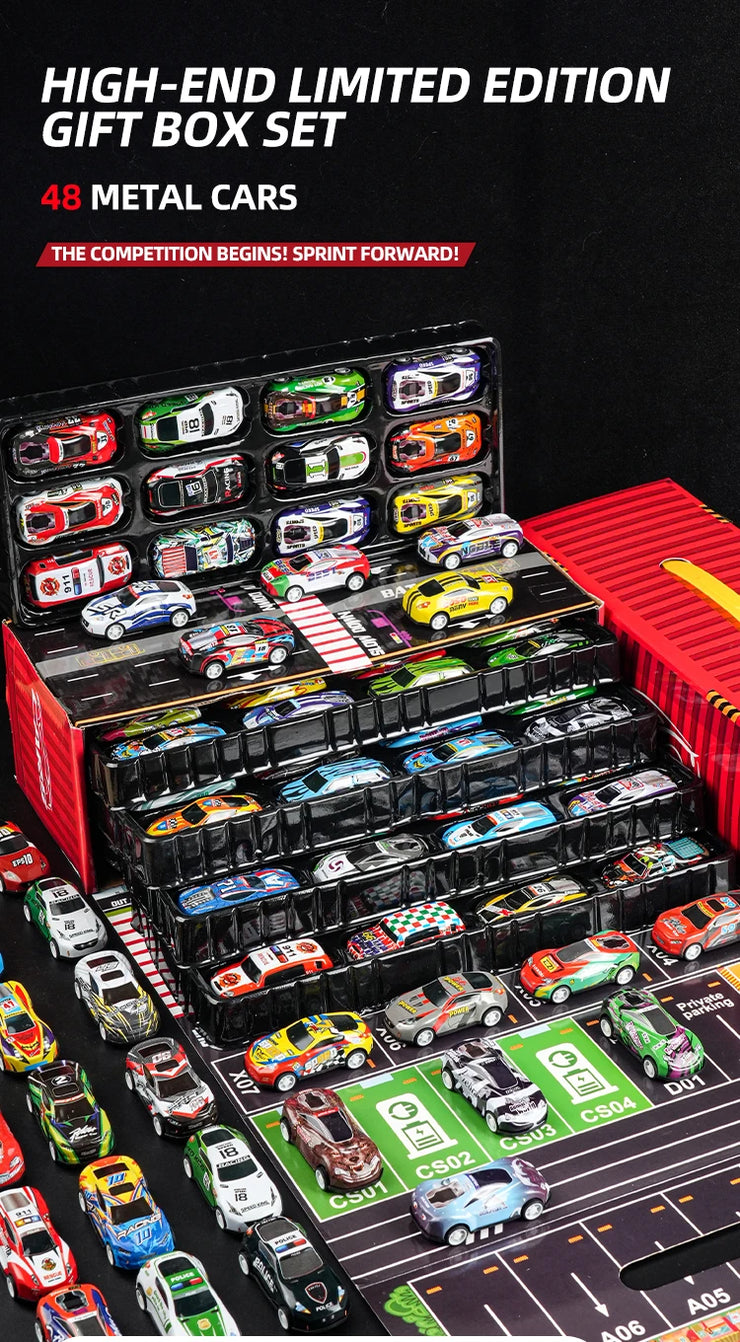 48-Piece Mini Racing Car Set with Play Map & 4-Level Garage – Gift Box Edition for Kids
