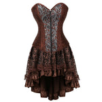 Brown Medieval Gothic Steampunk Faux Leather Overbust Corset with Skirt – Plus Size Pirate Costume Dress
