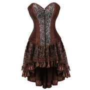 Brown Medieval Gothic Steampunk Faux Leather Overbust Corset with Skirt – Plus Size Pirate Costume Dress