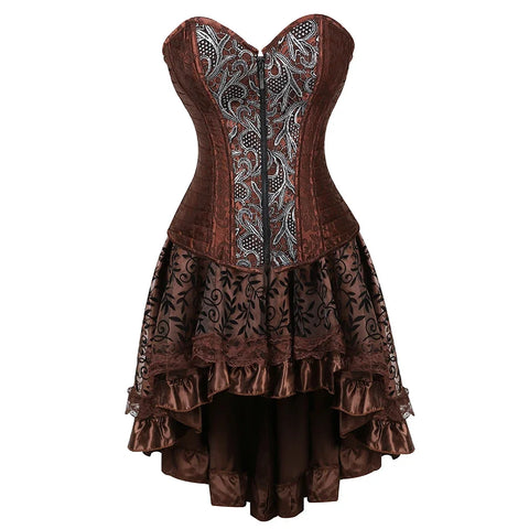 Brown Medieval Gothic Steampunk Faux Leather Overbust Corset with Skirt – Plus Size Pirate Costume Dress
