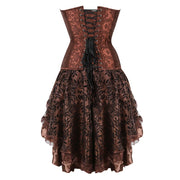 Brown Medieval Gothic Steampunk Faux Leather Overbust Corset with Skirt – Plus Size Pirate Costume Dress