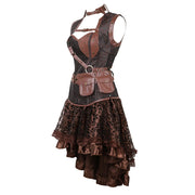 Brown Medieval Gothic Steampunk Faux Leather Overbust Corset with Skirt – Plus Size Pirate Costume Dress
