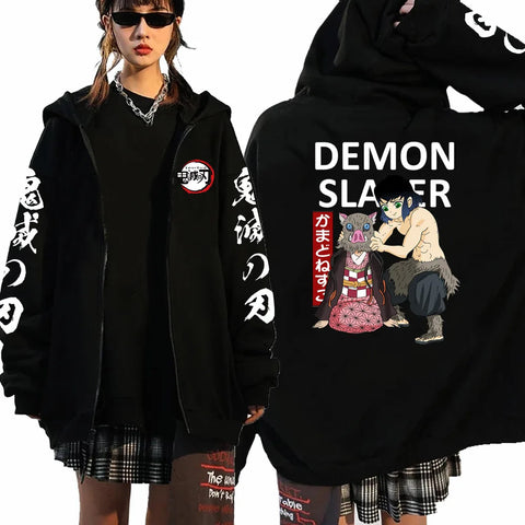 Anime Demon Slayer Zip Up Hoodies Kamado Nezuko And Kamado Tanjirou Print Men Women Harajuku Sweatshirt
