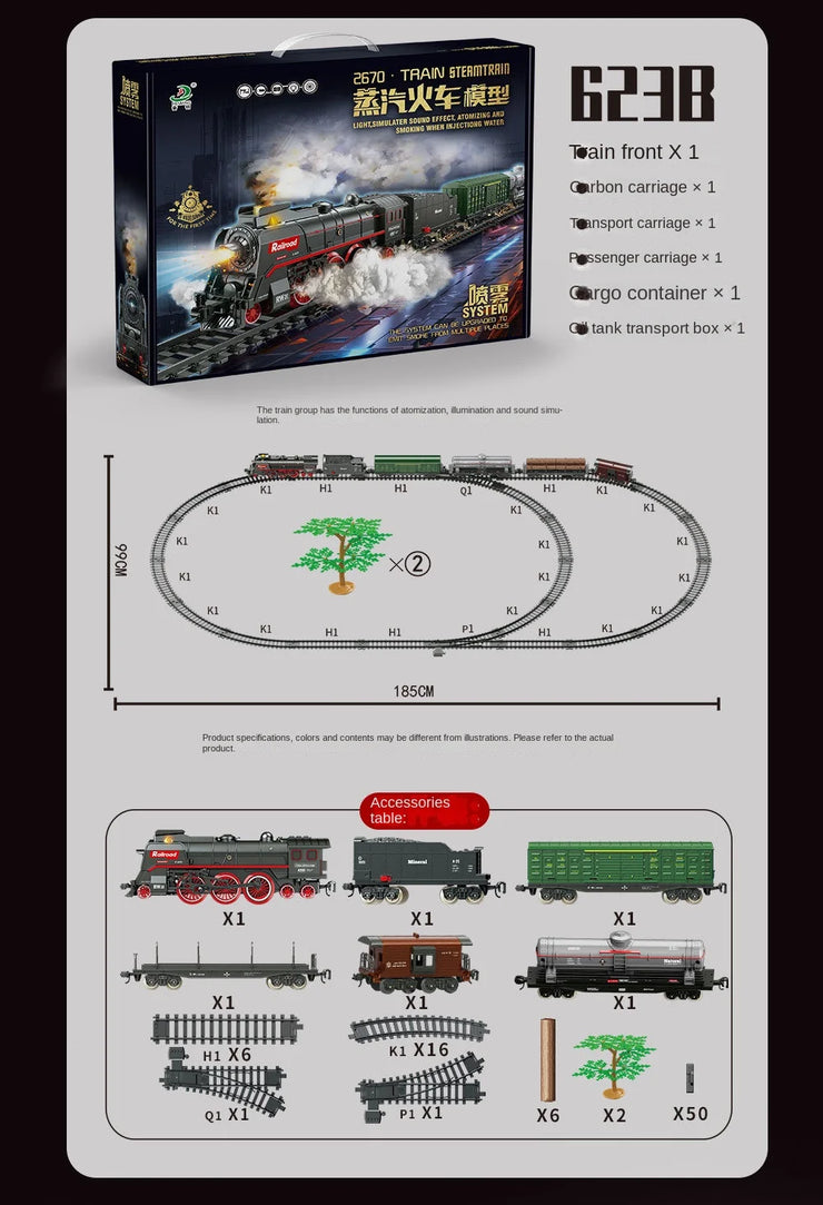 Retro Steam Train Track Set – Electric Locomotive with Smoke, Lights, Sound, Cargo Cars & Tracks for Kids