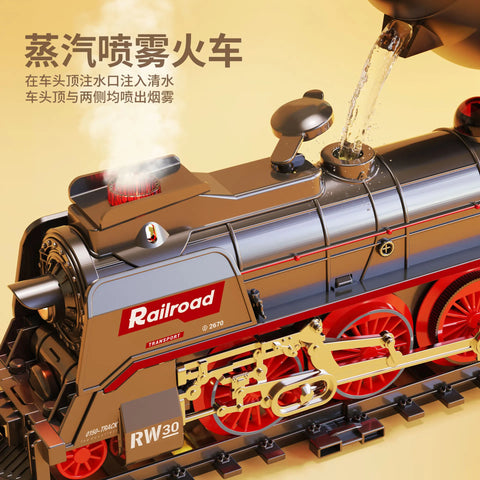 Retro Steam Train Track Set – Electric Locomotive with Smoke, Lights, Sound, Cargo Cars & Tracks for Kids