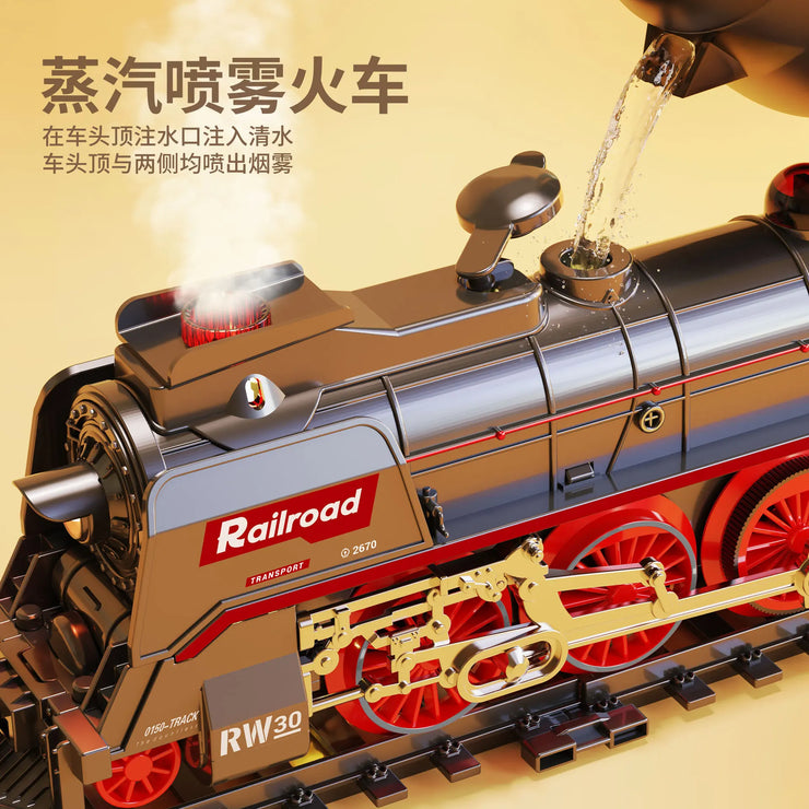 Retro Steam Train Track Set – Electric Locomotive with Smoke, Lights, Sound, Cargo Cars & Tracks for Kids