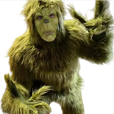 Green Furry Monster Costume – Christmas Cosplay Suit with Santa Styling for Stage, Halloween & Holiday Performances