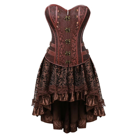 Brown Medieval Gothic Steampunk Faux Leather Overbust Corset with Skirt – Plus Size Pirate Costume Dress