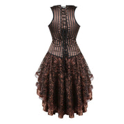 Brown Medieval Gothic Steampunk Faux Leather Overbust Corset with Skirt – Plus Size Pirate Costume Dress