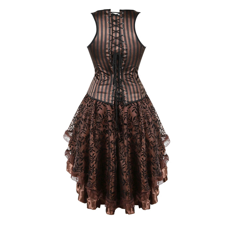 Brown Medieval Gothic Steampunk Faux Leather Overbust Corset with Skirt – Plus Size Pirate Costume Dress