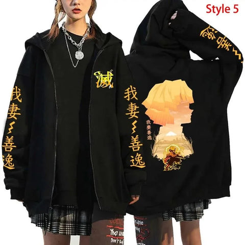 Demon Slayer Anime Zippper Jacket Agatsuma Zenitsu Print Hooded Men Women Manga Zip Hoodies Harajuku Male Oversized Sweatshirt