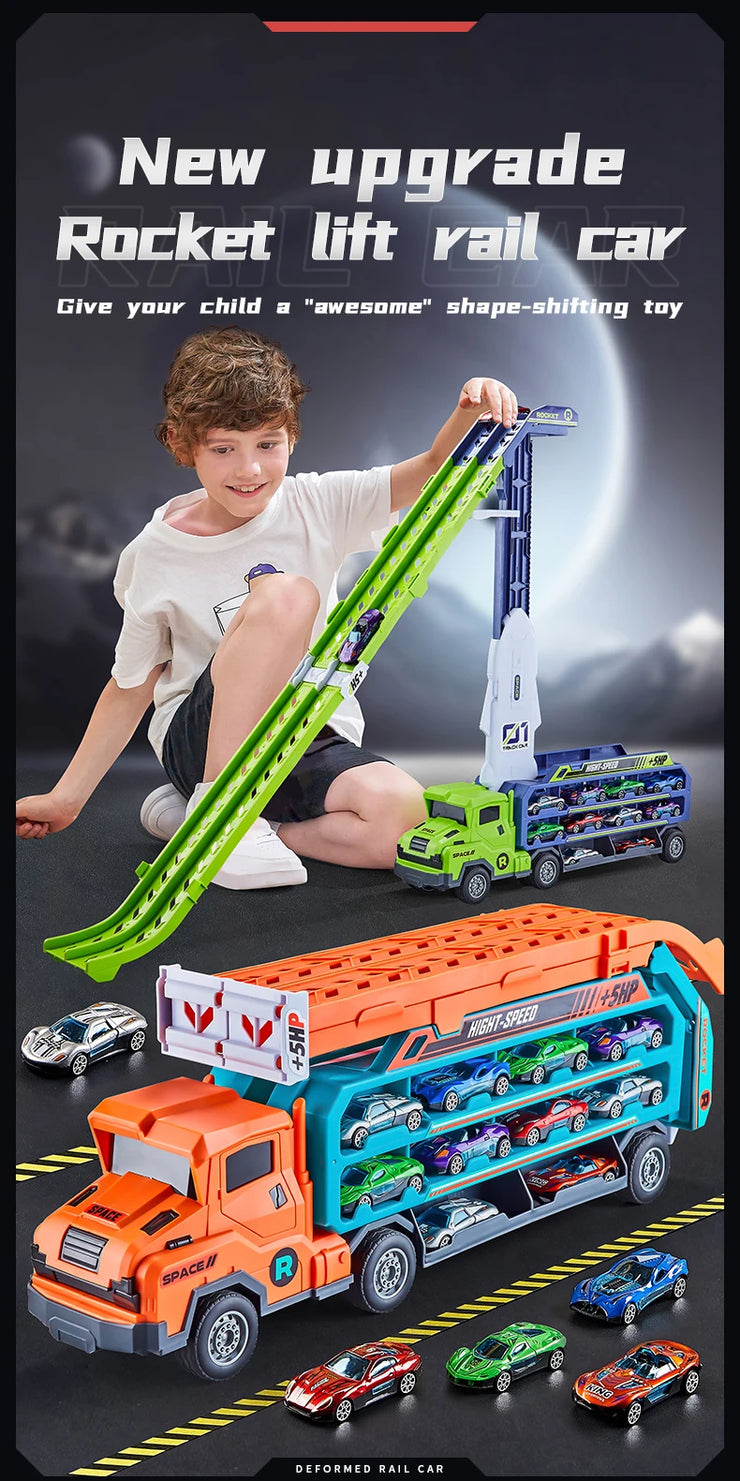 3D Rail Flying Car Set – Inertial Power Puzzle Track with Transforming Alloy Vehicles