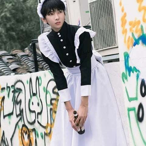 Unisex Maid Cosplay Costume – Long Lolita Apron Dress for Women and Men, Inspired by Anime and Jujutsu Kaisen Café Style