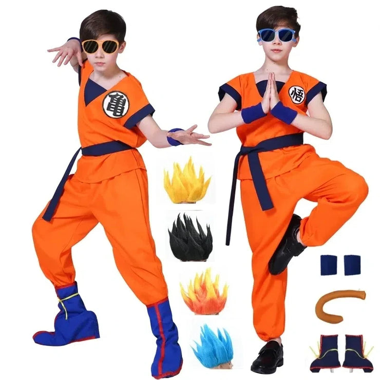 Son Goku and Krillin Cosplay Costumes – Halloween Suits with Tail, Wristband, and Super Saiyan Wig for Adults and Kids