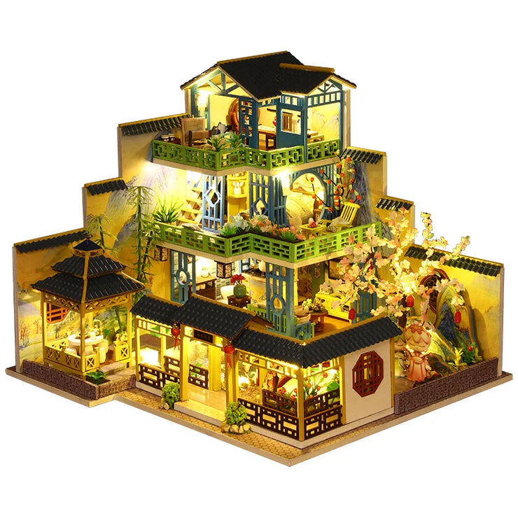 Big DIY Wooden Dollhouse with Furniture & Lights – Chinese Style Villa Miniature Kit
