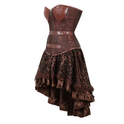Brown Medieval Gothic Steampunk Faux Leather Overbust Corset with Skirt – Plus Size Pirate Costume Dress