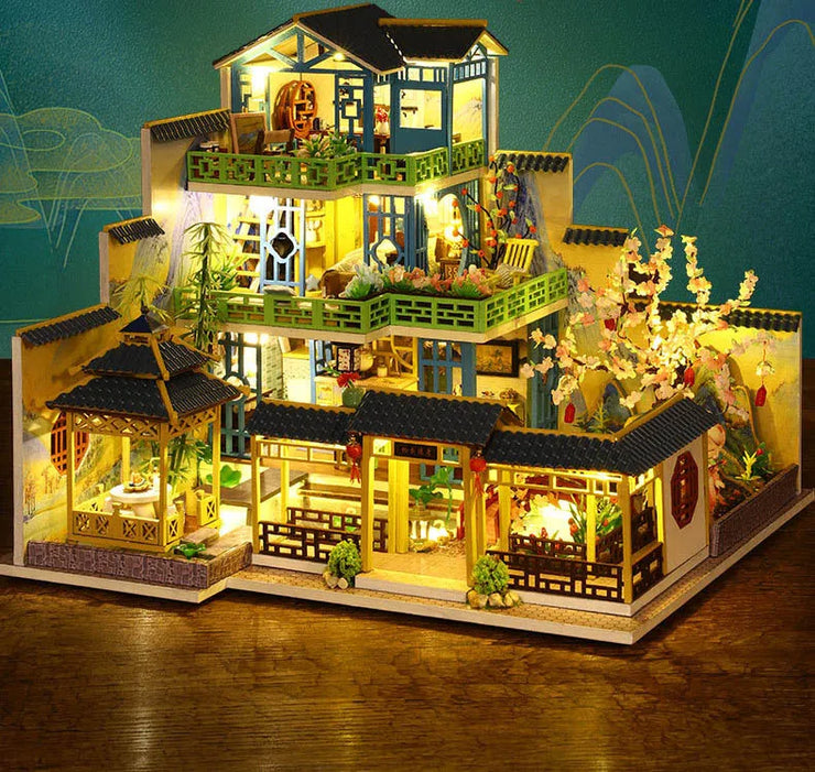 Big DIY Wooden Dollhouse with Furniture & Lights – Chinese Style Villa Miniature Kit