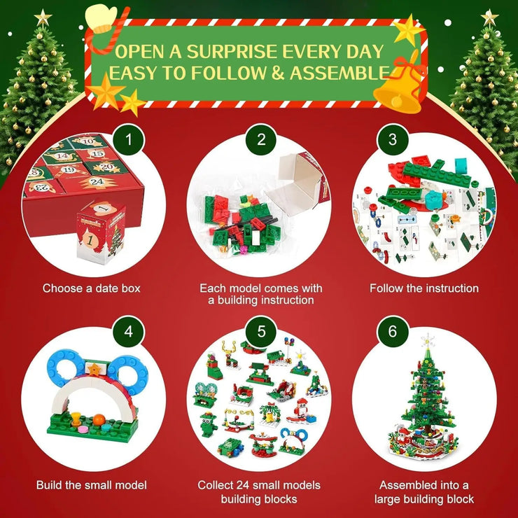 701pcs Christmas Tree Building Set with LED Light Toys Kids Adult 24in1 Christmas Countdown Calendar Building Blocks Gift