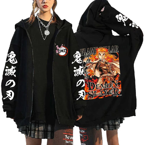 Demon Slayer Anime Zip Jacket Rengoku Kyoujurou Print Hooded Men Casual Zip Hoodies Plus Size Pullover Harajuku Male Sweatshirt