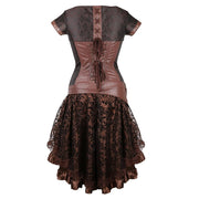 Brown Medieval Gothic Steampunk Faux Leather Overbust Corset with Skirt – Plus Size Pirate Costume Dress