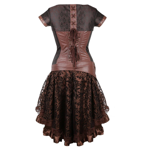 Brown Medieval Gothic Steampunk Faux Leather Overbust Corset with Skirt – Plus Size Pirate Costume Dress