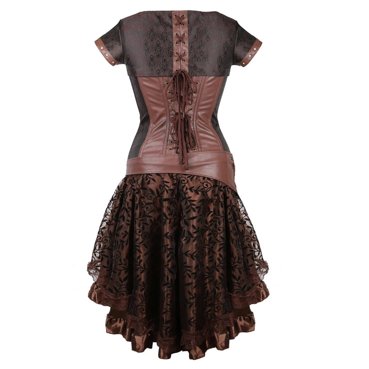 Brown Medieval Gothic Steampunk Faux Leather Overbust Corset with Skirt – Plus Size Pirate Costume Dress