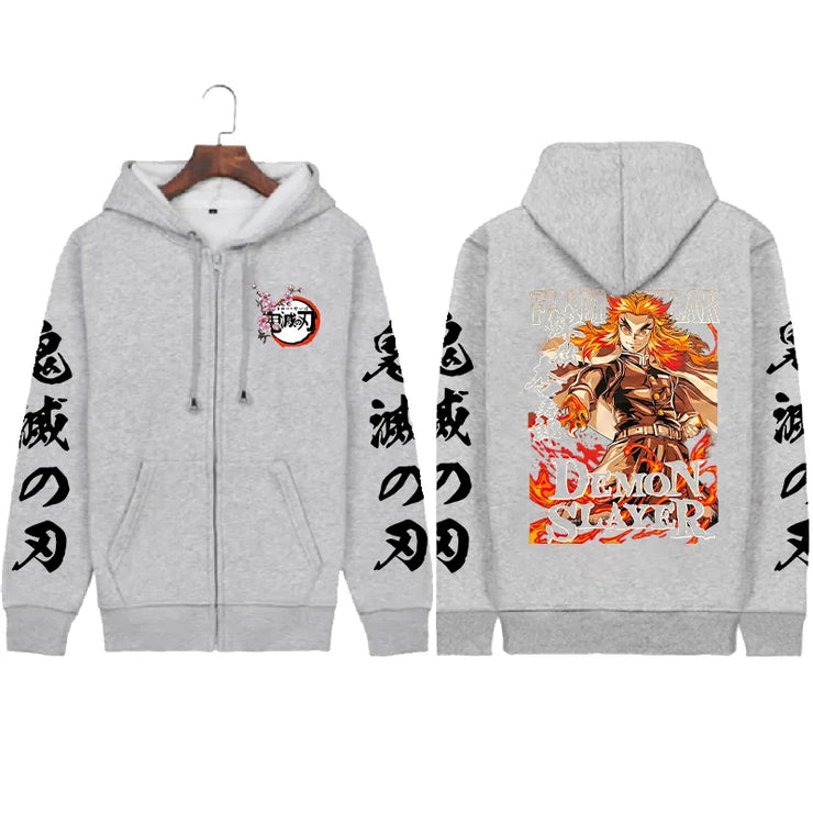 Demon Slayer Anime Zip Jacket Rengoku Kyoujurou Print Hooded Men Casual Zip Hoodies Plus Size Pullover Harajuku Male Sweatshirt