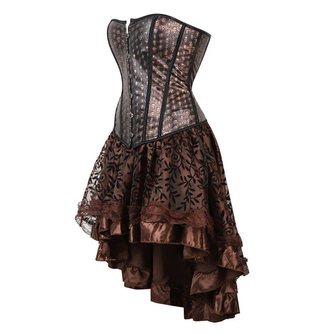 Brown Medieval Gothic Steampunk Faux Leather Overbust Corset with Skirt – Plus Size Pirate Costume Dress