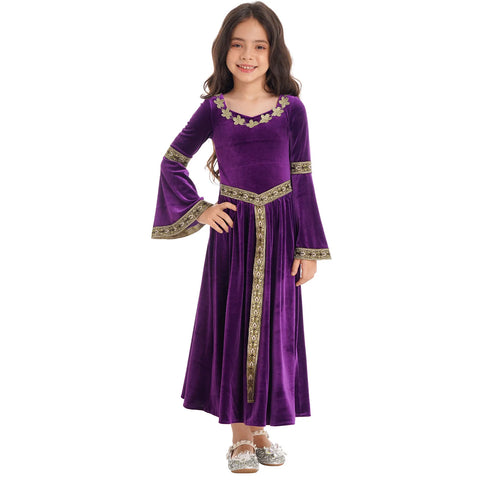 Girls Medieval Renaissance Velvet Dress Princess Queen Cosplay Costume Party Dress