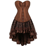 Brown Medieval Gothic Steampunk Faux Leather Overbust Corset with Skirt – Plus Size Pirate Costume Dress