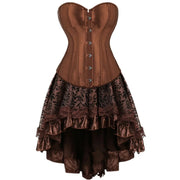 Brown Medieval Gothic Steampunk Faux Leather Overbust Corset with Skirt – Plus Size Pirate Costume Dress