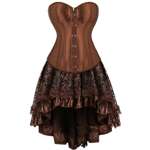 Brown Medieval Gothic Steampunk Faux Leather Overbust Corset with Skirt – Plus Size Pirate Costume Dress