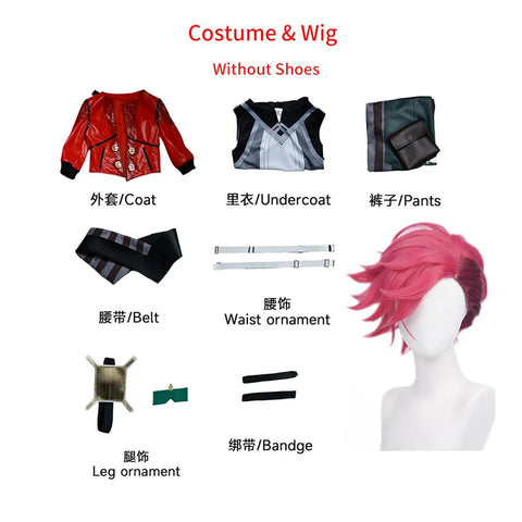 Arcane Vi Cosplay Costume Wig Hair for Anime Jinx Sister Cosplay Outfits Vi Cosplay Shoes Boots Leather Jacket