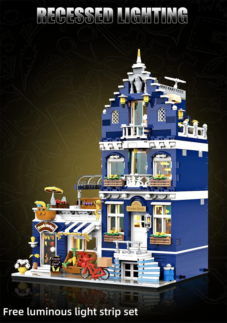 1456/1950/2225 pcs European Market Street Café Villa Store House MINI Bricks Building Blocks City Street View Scene Model