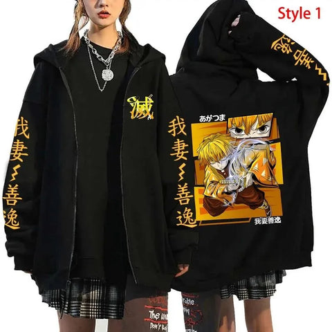 Demon Slayer Anime Zippper Jacket Agatsuma Zenitsu Print Hooded Men Women Manga Zip Hoodies Harajuku Male Oversized Sweatshirt