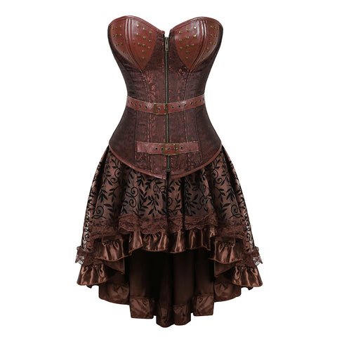 Brown Medieval Gothic Steampunk Faux Leather Overbust Corset with Skirt – Plus Size Pirate Costume Dress