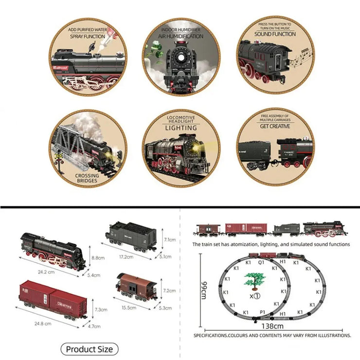 Retro Electric Steam Train Set – Classic Model with Tracks, Smoke, Sound & Light for Kids