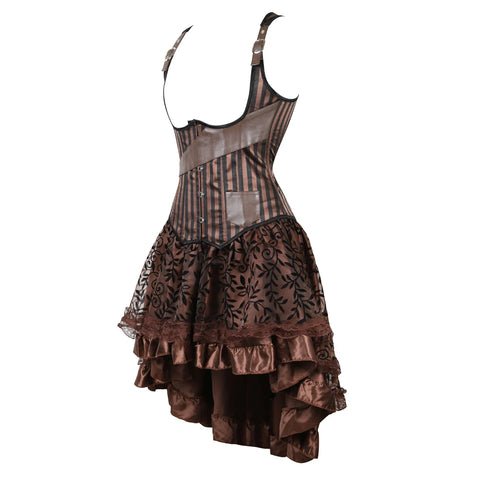 Brown Medieval Gothic Steampunk Faux Leather Overbust Corset with Skirt – Plus Size Pirate Costume Dress